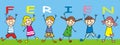 Six happy kids with text Ferien, vector, banner Royalty Free Stock Photo