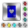 Six of hearts card rounded square steel buttons Royalty Free Stock Photo