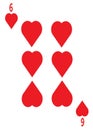 The six of hearts card in a regular 52 card poker playing deck