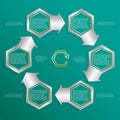 Six hexagonal frames for text or infographics. Description of the process.
