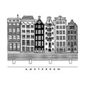 Six houses on the Damrak Avenue. Central street of Amsterdam, Netherlands. Houses and canals.