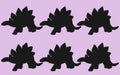 Six identical same similar stegosaurus dinosaur outline shape silhouette against a light purple backdrop Royalty Free Stock Photo