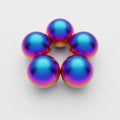 Six iridescent metallic spheres arranged in a hexagonal pattern with reflective surfaces Royalty Free Stock Photo