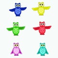 Six isolated multi-colored owls