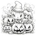 Six jack-o-lantern pumpkins with different facial expressions, Halloween black and white picture coloring book Royalty Free Stock Photo