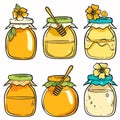 Six jars honey vector illustration, handdrawn style, colorful, glass jars fabric lids, honey