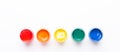 Six jars of paint on a white background Isolated Multicolored gouache Top view Banner Horizontal Royalty Free Stock Photo