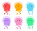 Six jellyfish icon set. Cute cartoon kawaii funny baby character. Pink green blue purple color. Smiling face. Sea ocean animal.