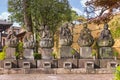 Six Jizo bodhisattva sitting stone statues in the Tamonji Temple of Sumida ward.