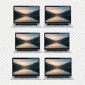 Six laptops displaying nature scene isolated on white background isolated on white background Royalty Free Stock Photo