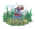 A six-legged robot stands against the background of a mountain landscape. A robotic animal in the wild nature, a post