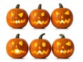 Six lit jack-o\'-lanterns with unique faces Royalty Free Stock Photo