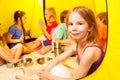 Six little children sit in a tent Royalty Free Stock Photo