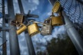 Six locks on chain link fence gate with blue sky and clouds background Royalty Free Stock Photo