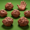 Among them is a realistic, human-sized clay hand, palm facing up Royalty Free Stock Photo