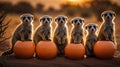 Six Adorable Meerkats Sitting on Orange Pots at Sunset Royalty Free Stock Photo
