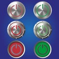 Six metal power buttons on a blue background