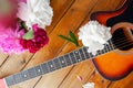 Six metal strings on the neck of an acoustic guitar and lush multicolored fresh peony flowers on wooden boards, close-up, top view