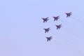 Six Mig 29 fighter planes fly Royalty Free Stock Photo