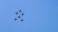 Six military aircraft flying in the group Royalty Free Stock Photo