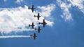 Six military propeller planes flying in the group Royalty Free Stock Photo