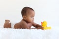 A six month crawling African American baby playing with yellow duck toy on fluffy white rug, happy smiling adorable sweet little Royalty Free Stock Photo