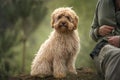 Six month old Cavapoo puppy dog sitting with his obscured owner Royalty Free Stock Photo