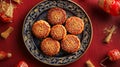 Six Mooncakes on a Blue and Gold Plate with Red Background Royalty Free Stock Photo