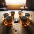 Six Mugs Linked by Glowing Network Ring Around Video Call on Smartphone. Royalty Free Stock Photo