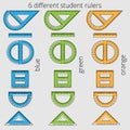 Six multi-colored different rulers of student