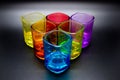 Six multicolored shot glasses placed in triangle on black background