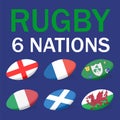 Six nations Rugby card with balls and flags of France, Scotland, Italy, England, Ireland, Wales.