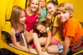 Six nice children, boys and girls sitting in tent Royalty Free Stock Photo