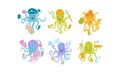 Six Octopuses Engaging in Different Occupations Holding Different Objects and Doing Many Things