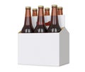 Six pack of Brown beer bottles in blank carrier. 3D render, isolated isolated over a white background.