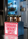 Six pack of brown beer bottles as coronavirus emergency supplies