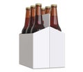 Six-pack cardboard carrier bottles of beer. 3D render, isolated on white background.