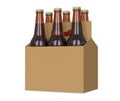 Six pack of glass bottled beer in generic brown cardboard carrier 3d Illustration, isolated on white background. Royalty Free Stock Photo