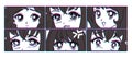 Six pairs of anime eyes look. Manga style.