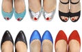 Six pairs of legs in shoes and sandals of different colors. Royalty Free Stock Photo