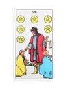 The Six of Pentacles tarot card on white background, top view