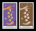 Six of pentacles. Tarot cards. A generous hand giving six golden pentacles to another hand that collects them in an attitude of