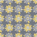 Six petal wildflower vector seamless pattern. Yellow grey botanical background with hand drawn meadow flowers in