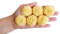 Six pieces soft yellow handmade rose flowers on hand with white background isolated Royalty Free Stock Photo