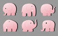 Six pink shiny cartoon elephants isolate on a gray background.