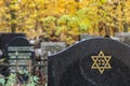 six pointed star or hexagram on tombstone. Autumn jewish Cemetery