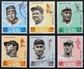 Six postage stamps with portraits of baseball legends