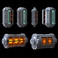 Six props of Futuristic Battery high detailed with Orange and Green glow and a Scifi style - AI Generated