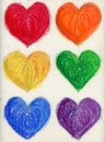 Six Rainbow Hearts Drawn With Oil Pastels On Paper Royalty Free Stock Photo