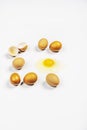 six raw eggs and one broken with golden yolk Royalty Free Stock Photo